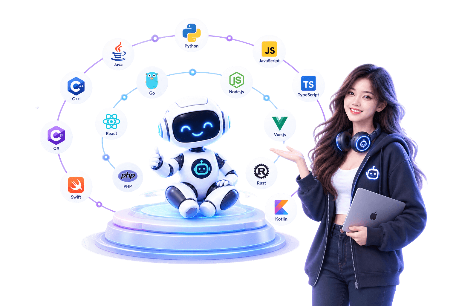 Elite Dedicated Female Developer with AI Robot and Programming Languages on 3D Pedestal